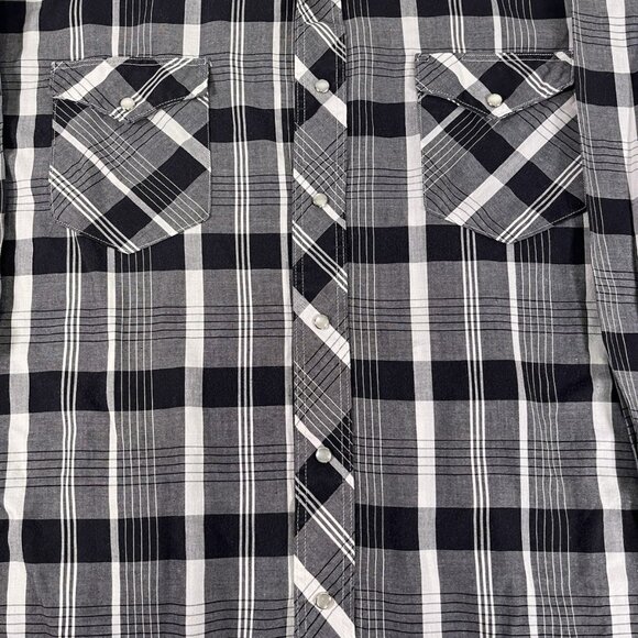 VTG Wrangler Cowboy Cut XL 19 x 35 Western Pearl Snap Shirt Black Gray Plaid - Picture 4 of 8